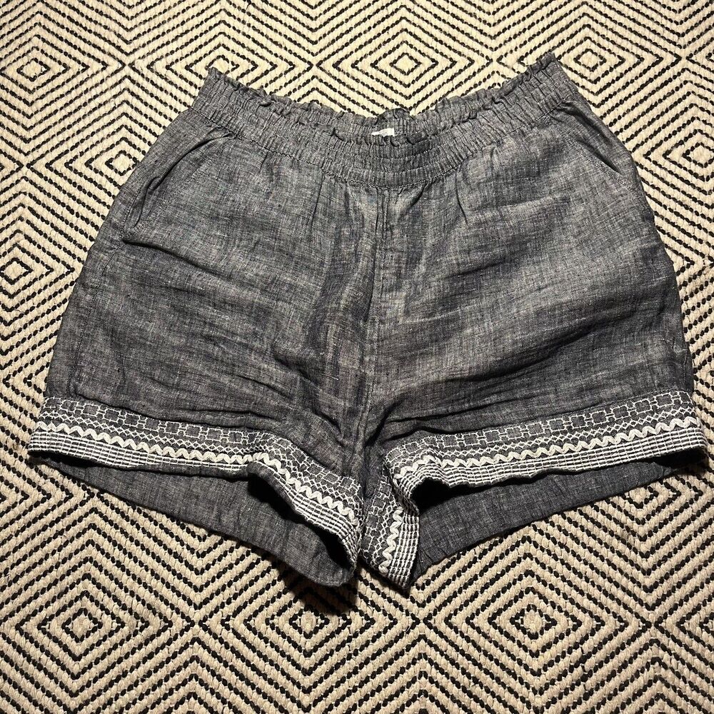Sigrid Olsen Blue 100% Linen Embroidered Hem Shorts Womens Large Elastic Waist